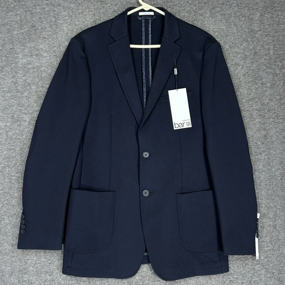 Bar III Sport Coat Mens 40L Navy Blue Slim Fit Knit Stretch Two-Button MSRP $295 - Picture 1 of 16